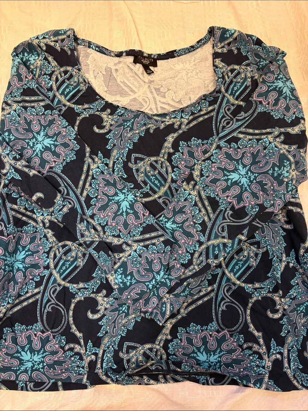 Talbots Navy Paisley Scoop Neck Tee with Teal and Pink Accents
